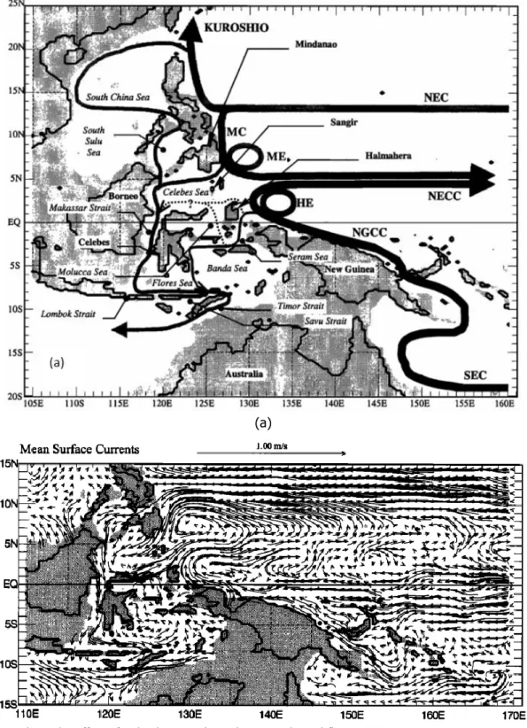 Gambar 3. Aliran arus permukaan di Indonesia: (a) Sistem arus permukaan &amp; Arlindo; (b) Vektor arus rerata tahunan.