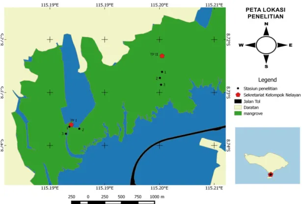 Gambar 1. Peta lokasi penelitian di kawasan mangrove Tahura Ngurah Rai 