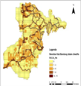 Gambar 3.  Visualisasi  Densitas  Populasi  Kabupaten  Bandung  Barat  Berdasarkan  Data  Masukan  Tutupan Lahan dan Jalan