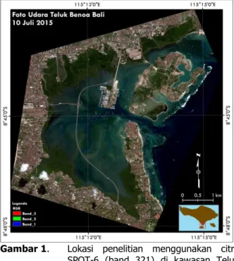 Gambar 1.   Lokasi  penelitian  menggunakan  citra   SPOT-6  (band  321)  di  kawasan  Teluk  Benoa