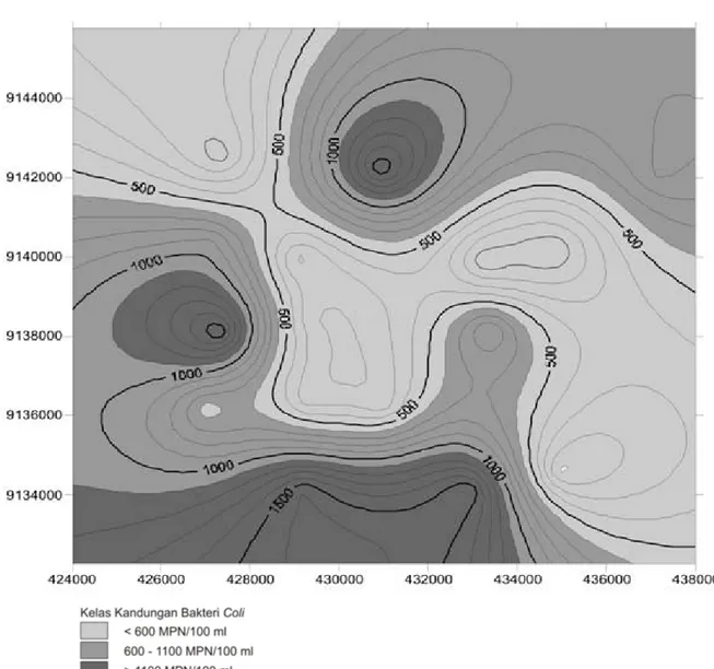 Gambar 1. Peta penyebaran kandungan bakteri coli di daerah penelitian 