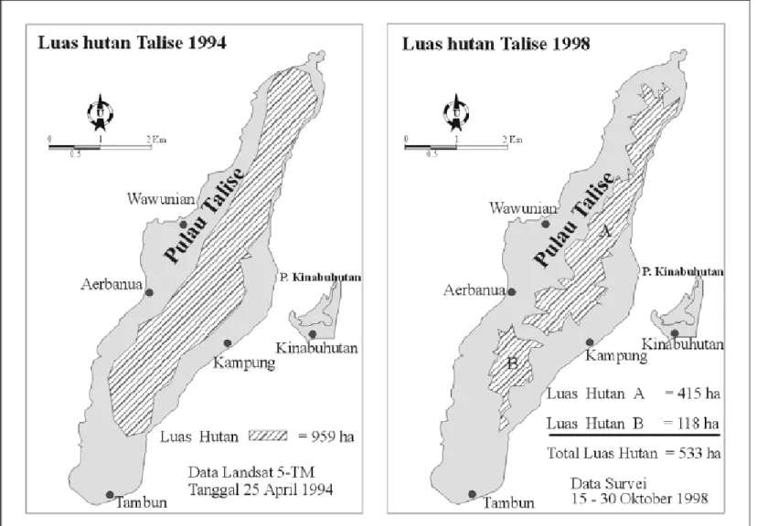 Gambar 7. Perbandingan luas hutan pulau Talise  tahun 1994 dengan tahun 1998.