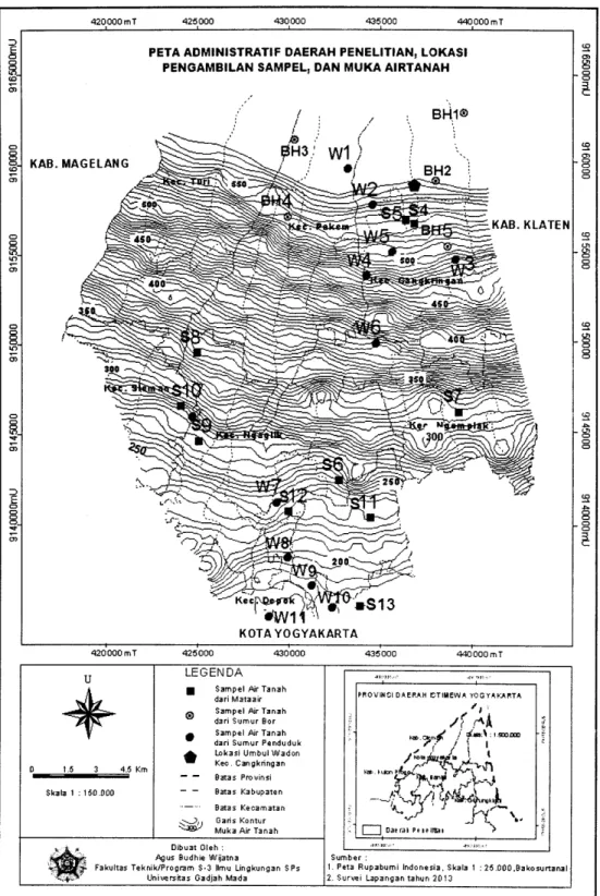 Gambar  I .  Peta  administratif  daerah  penelitian,  lokasi  pengambilan  sampel,  dan peta muka  airtanah.