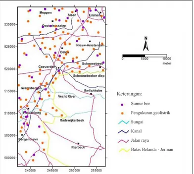 Gambar 5. Lokasi sumur bor dan pengukuran geolistrik yang  diinterpretasi di daerah studi.