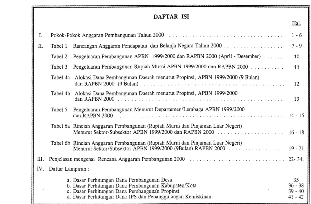 Tabel  2  Pengeluaran  Pembangunan  APBN  199912000  dan  RAPBN  2000  (April  -  Desember) 10 Tabel  3  Pengeluaran  Pembangunan  Rupiah  Murni  APBN  I999|2A0O  dan  RAPBN  2000 11