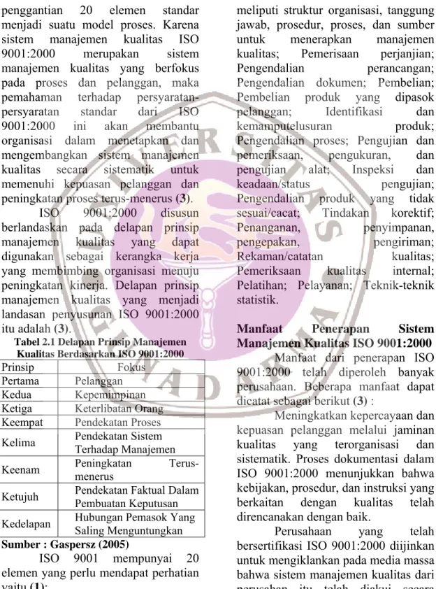 Tabel 2.1 Delapan Prinsip Manajemen  Kualitas Berdasarkan ISO 9001:2000 