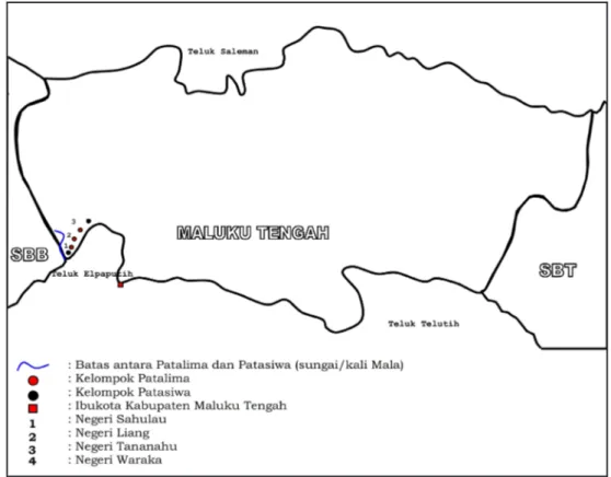 Gambar 2.  Sketsa perbatasan antara kelompok Patasiwa dan Patalima di pesisir selatan Pulau Seram,  Maluku Tengah (Sumber: Hasil penelitian)