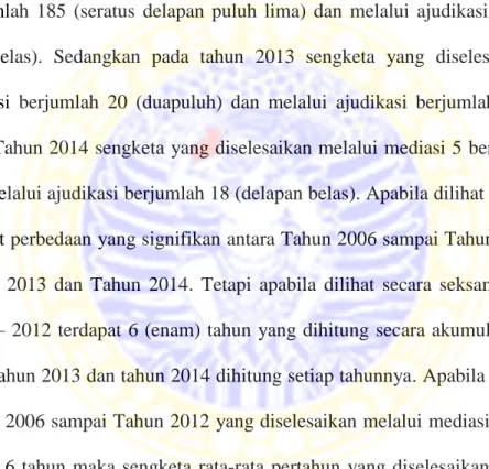 Tabel  3.1  mengenai  asuransi  umum  Pada  data  Tahun  2006  sampai  Tahun  2012  terdapat  jumlah  sengketa  yang    diselesaikan  melalui  mediasi  berjumlah  185  (seratus  delapan  puluh  lima)  dan  melalui  ajudikasi  berjumlah  15  (limabelas)