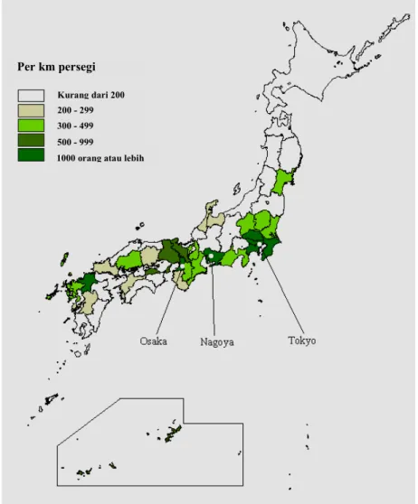 GAMBAR 2 - 2 Kepadatan Penduduk Menurut Prefektur (2000)  Sumber: www.stat.go.jp Per km persegi  Kurang dari 200 200 - 299 300 - 499 500 - 999 