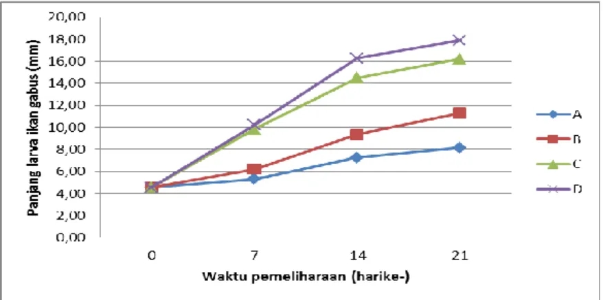 Tabel  1.    Data  pertambahan  panjang  mutlak  (PPM),  pertambahan  bobot  mutlak  (PBM),  laju  pertumbuhan  spesifik  (LPS),  sintasan  dan  efisiensi  pakan  (EP) larva ikan gabus selama masa pemeliharaan 