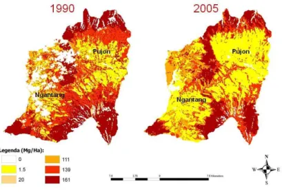 Gambar 2. Distibusi cadangan karbon di sub-DAS Kali Konto menurut peta tutupan  lahan tahun 1990 dan 2005 (Sumber: Hairiah et al., 2010a) 