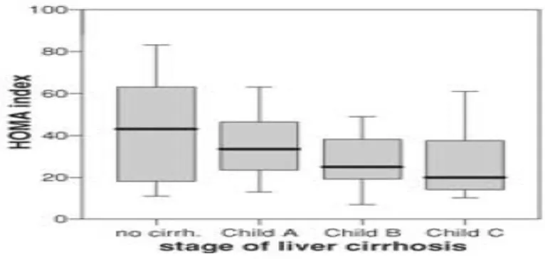 Gambar 4. Hubungan indeks HOMA dengan Child Pugh dikutip dari 19 