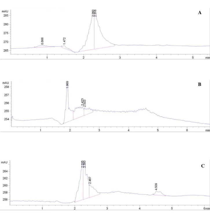 Gambar 5.8 Hasil analisis HPLC pada penentuan waktu inkubasi optimum   untuk waktu 0 jam  (A) ; 1 jam (B)  dan 2 jam (C)  