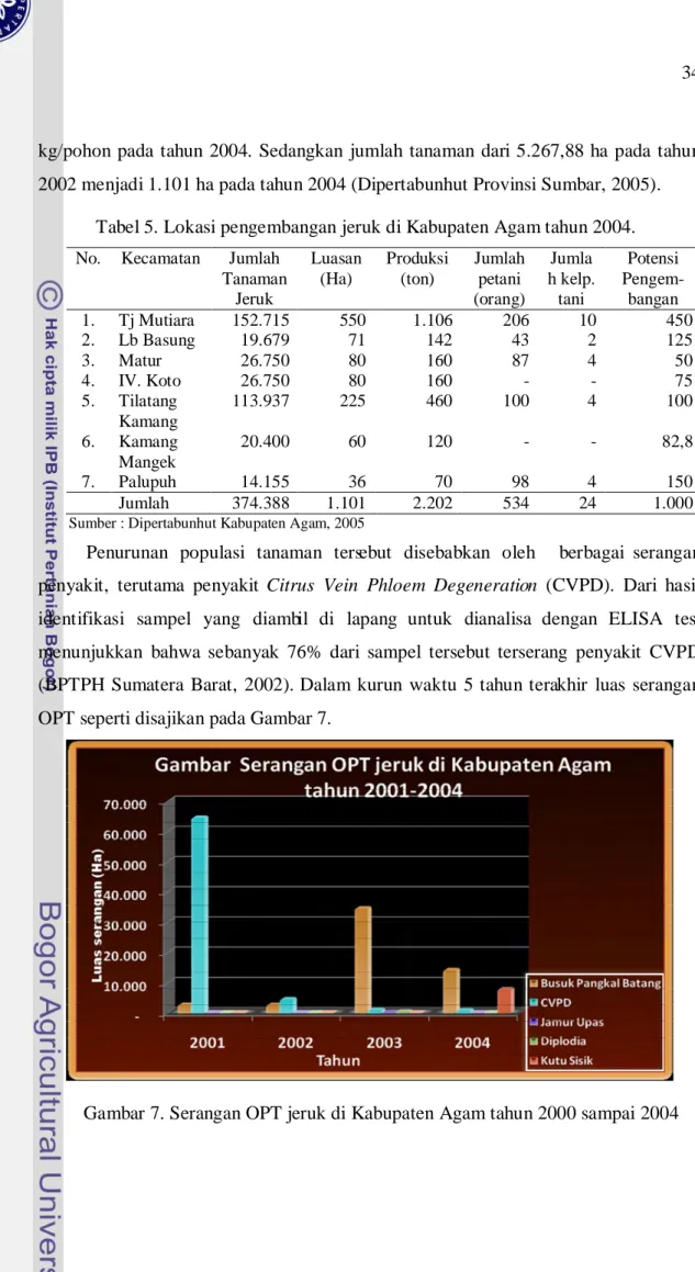 Tabel 5. Lokasi pengembangan jeruk di Kabupaten Agam tahun 2004. 