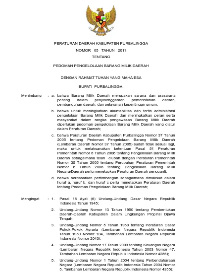 Peraturan Daerah Kabupaten Purbalingga Nomor 08 Tahun 2011 Tentang Pedoman Pengelolaan Barang 7035