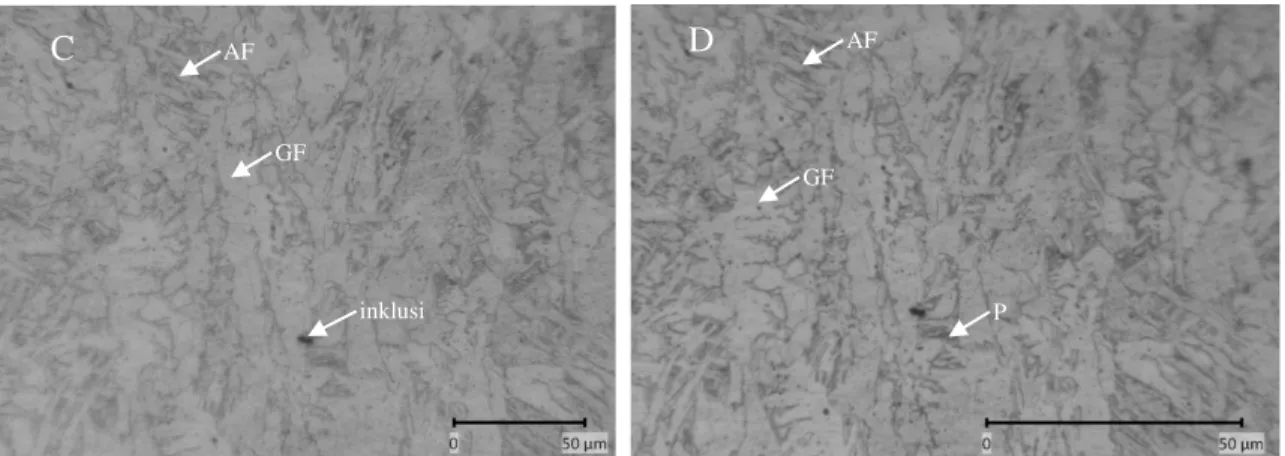 Gambar 2. struktur mikro bajadengan elektroda las E 6013, a) raw material, b) Haz halus, c) Haz kasar dan d)  logam las 
