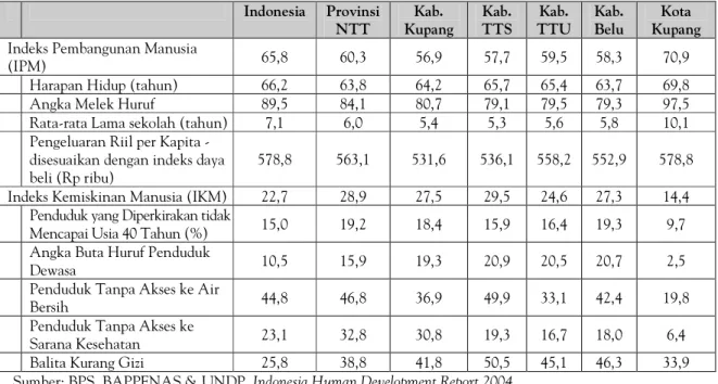 Tabel 3. Kondisi Pembangunan Manusia di NTT dan di Lima Kabupaten/Kota di  Timor Barat, 2002  Indonesia  Provinsi  NTT  Kab