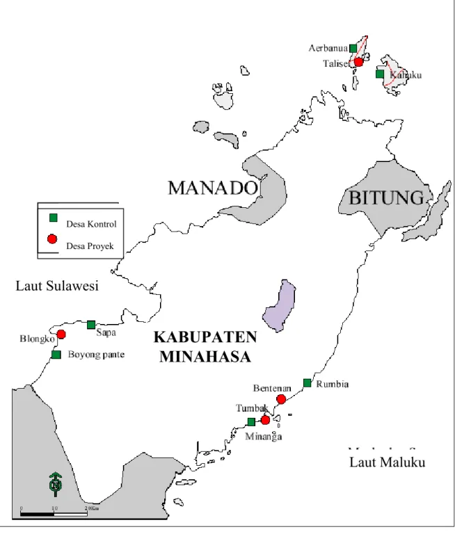 Gambar 1.  Lokasi desa proyek dan desa kontrol di Sulawesi Utara.