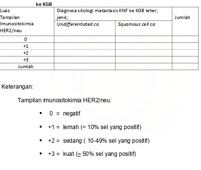 Tabel 3.1.  Luas tampilan imunositokimia HER2/neu pada metastase KNF  
