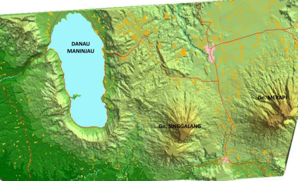 Gambar 1.2:  Gunung api Maninjau dengan danau kawah dibandingkan besarnya Gunung  Merapi – Singgalang yang  mencapai 12 : 1 