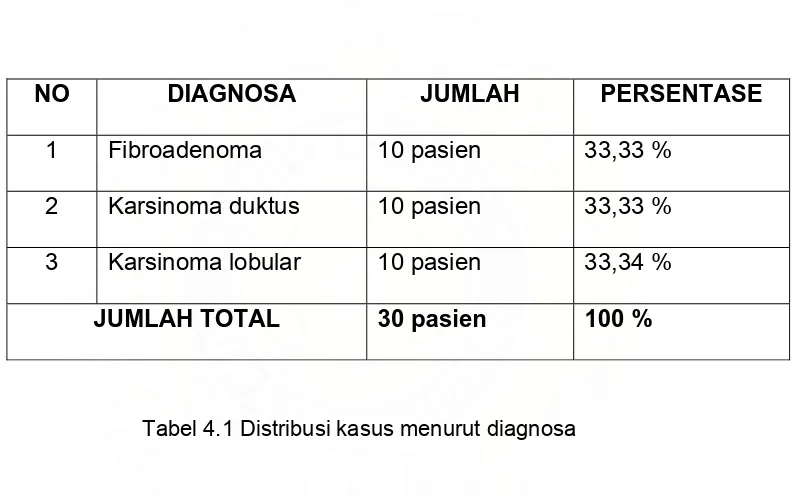 Tabel 4.1 Distribusi kasus menurut diagnosa 