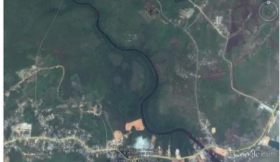 Gambar 3. Lebar Sungai Kawal (Sumber :  Google Eart yang telah diolah, 2015)  Keterangan : Garis merah : Lebar sungai  c