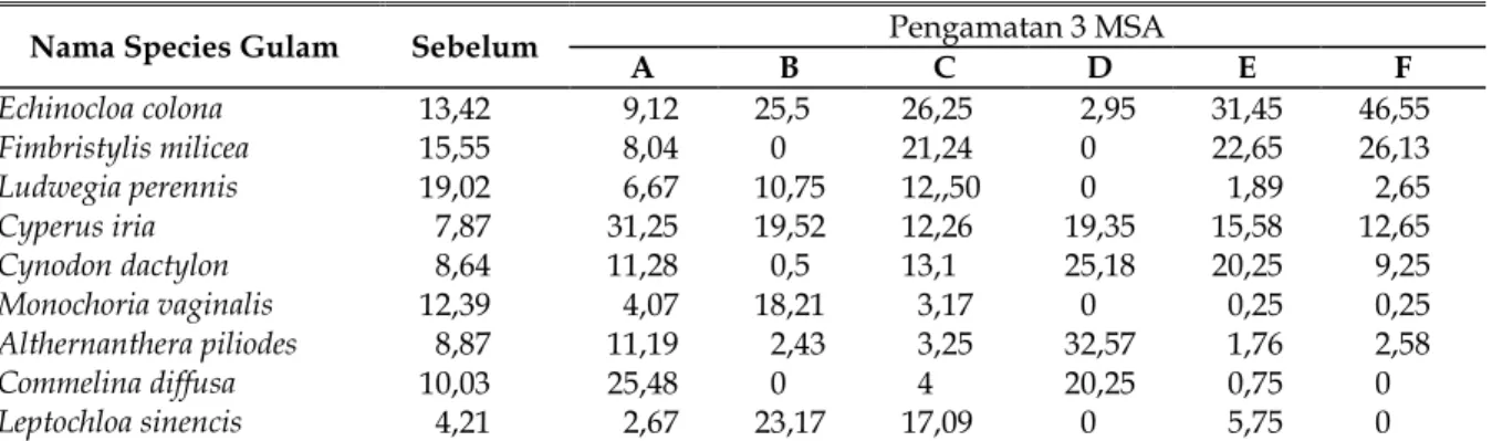 Tabel 2. Nilai SDR (%) Masing-masing Species Gulma Umur 3 Minggu Setelah Tanam (MST) Kedelai.