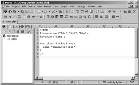 Gambar 1.3 Tampilan baris nomor skrip pada editor teks PSPad