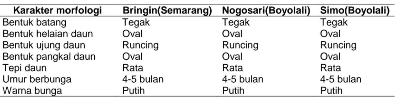 Tabel 1. Karakter morfologi kunyit di tiga lokasi pengujian di Jawa Tengah  