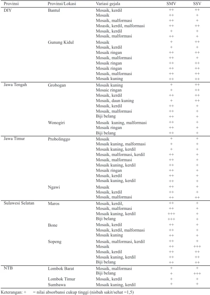 Tabel 2. Deteksi keberadaan SMV dan SSV di berbagai sentra produksi kedelai di Indonesia