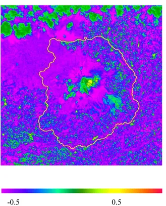 Gambar 3-2. Nilai NDBI wilayah vulkanik G. Sinabung. Garis warna kuning adalah batas bentuklahan  vulkanik 
