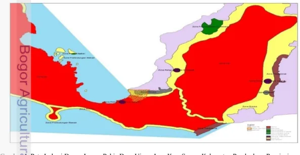 Gambar 4. Peta Lokasi Dusun Legon Pakis Desa Ujung Jaya Kec. Sumur Kabupaten Pandeglang Provinsi  Banten (yang diberi arsiran warna kuning, di tengah-tengah
