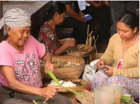 Foto 3.  Contoh  pengimbasan  kearifan  lokal  ke  generasi  yang  lebih  muda tentang pengetahuan terkait tanaman upacara melalui  teknik  lisan  dan  praktik  penggunaan  langsung  di  Desa  Pakraman Banyuning