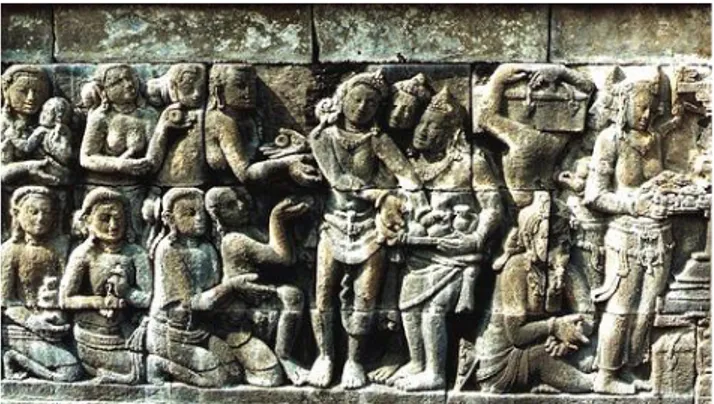 Gambar diatas adalah relief dari candi Borobudur yang menggambarkan Buddha  sedangdigoda oleh Mara yang menari-nari diiringi gendang, hal ini menunjukkan  bahwa relieftersebut mengambil kisah dalam riwayat hidup Sang Buddha seperti  yang terdapat dalamkita