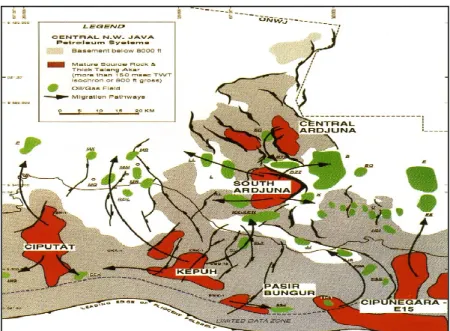 Gambar 8.  Peta Penyebaran Batuan Induk di Cekungan Jawa Barat Utara  (Noble, R.A, et al, 1997) 