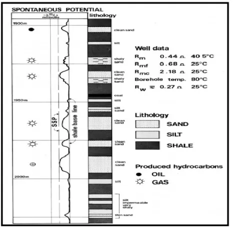 Gambar 11. Contoh shale baseline dan didefinisikan SSP dalam log SP. (Rider,  2002) 
