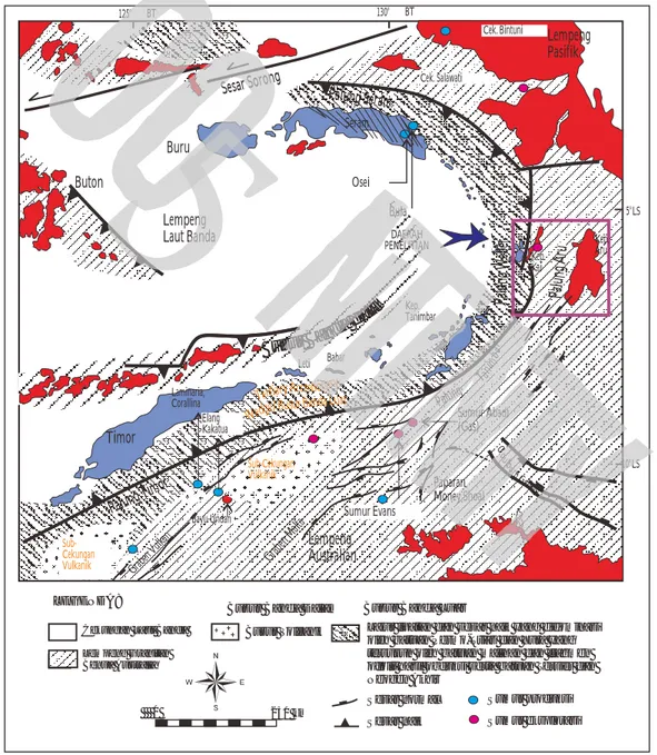 Gambar 1. Kerangka tektonik Busur Banda dan letak daerah penelitian (modifikasi Charlton, 2004, de Smet,1999, dan  Bowin, et al, 1981).