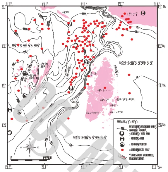 Gambar 4. Peta kontur kedalaman laut (dalam meter) di sekitar Kepulauan Aru-Kai dan  solusi mekanisme bidang patahan  serta pusat gempa dengan kedalaman 0 - 34 km (dikompilasi dari PPGL, 1994, McCue