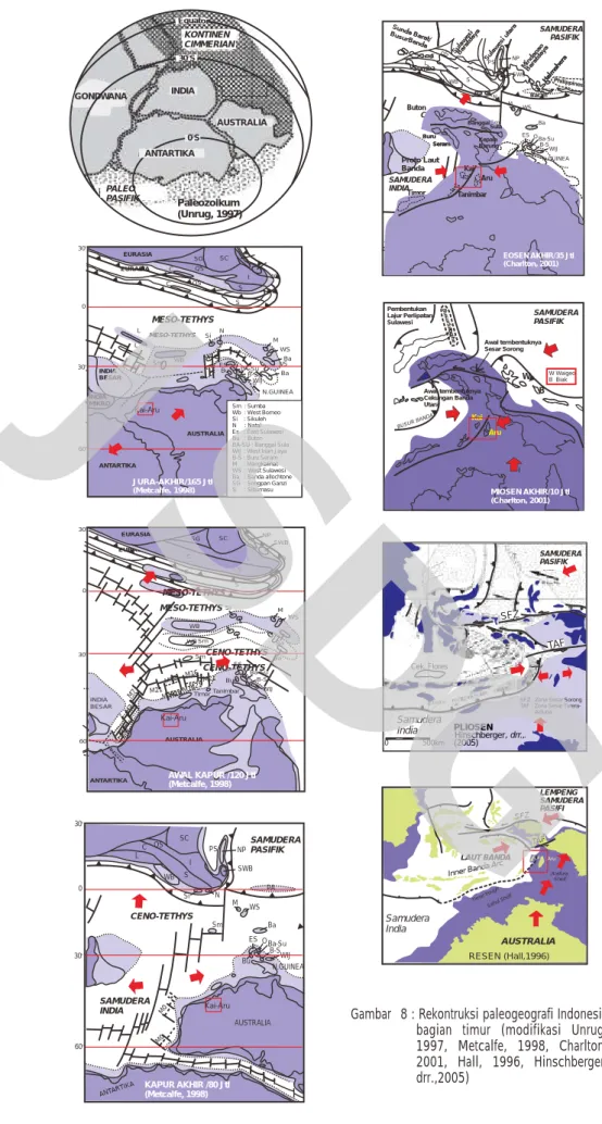 Gambar   8 : Rekontruksi paleogeografi Indonesia    bagian  timur  (modifikasi  Unrug,  1997,  Metcalfe,  1998,  Charlton,  2001,  Hall,  1996,  Hinschberger,  drr.,2005)