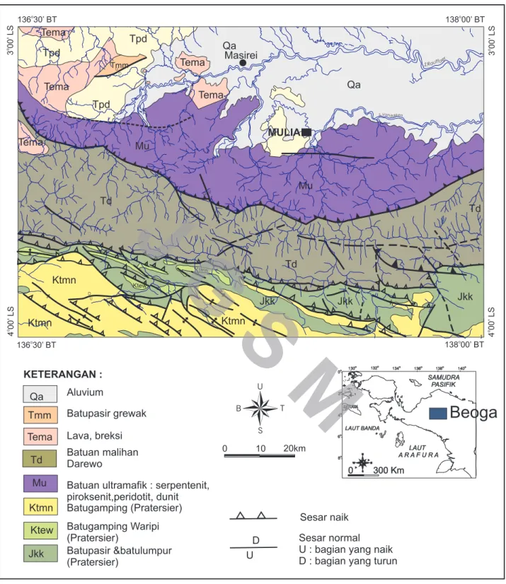 Gambar  2.  Peta geologi lembar Beoga, Papua (disederhanakan dari Panggabean, drr., 1995).