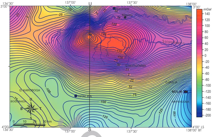 Gambar  5.  Peta anomali Bouguer Lembar Beoga, Papua, interval kontur 5 mGal. SU adalah arah pemodelan gaya berat