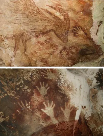 Gambar 3. Lukisan dinding berbetuk hewan di Gua Maros (atas), dan Cap  tangan manusia di Gua Leang-Leang (bawah) 