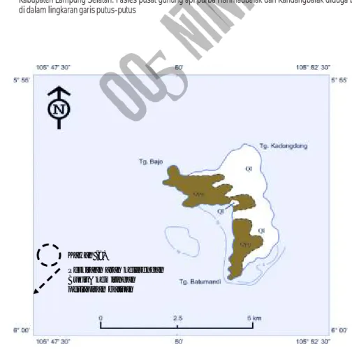 Gambar 3. Peta geologi Pulau Sangiang yang terletak di Selat Sunda. Litologi penyusun terdiri atas Batuan  Gunung api Gede (Qpg) dan Batugamping koral (Ql), disederhanakan dari Santosa (1991).