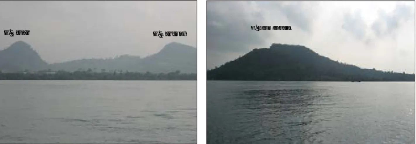 Gambar 4.  Kiri: Gunung (G.) Sepan dan Gunung Pancong difoto dari G. Harimaubalak; Kanan: G