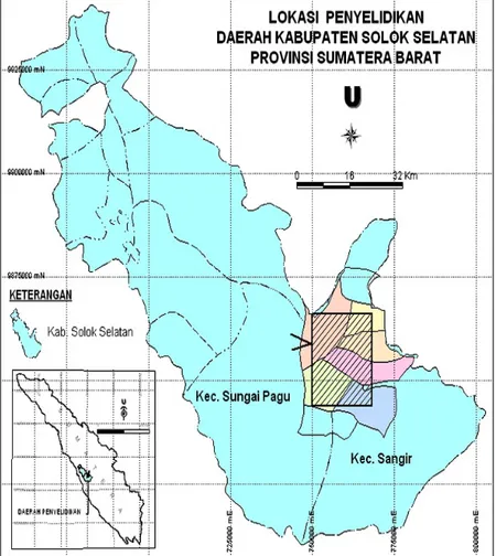 Gambar 1. Peta Lokasi Penyelidikan Daerah Kab. Solok Selatan, Prov. Sumatera Barat  Metoda penyelidikan yang digunakan adalah penyelidikan geokimia (sediment sungai aktif),  pengambilan conto konsentrat dulang dan pemetaan geologi serta pengambilan conto b