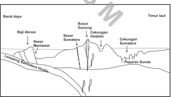 Gambar 3.   Sketsa penampang tektonik memotong Sumatera dengan arah barat daya -  timur laut (tanpa skala).