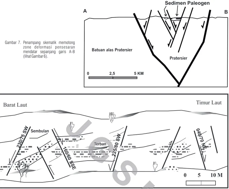 Gambar  7. Penampang  skematik  memotong  zone  deformasi  pensesaran  mendatar  sepanjang  garis  A-B  (lihat Gambar 6).