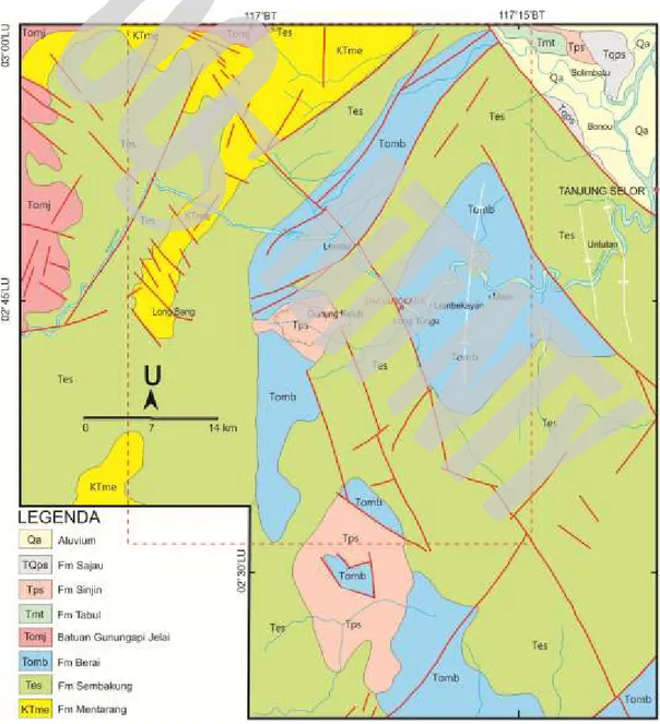 Gambar 2.  Peta geologi modifikasi daerah Tanjung Redeb sekala  1 :250.000 (Situmorang &amp; Burhan, 1995).