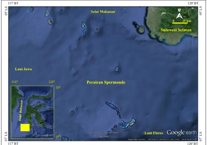 Gambar 1. Peta lokasi perairan Spermonde, Sulawesi Selatan. Kotak berwarna  kuning dalam Peta Indeks   menunjukkan lokasi penelitian (Sumber peta: Google Earth, imagery date 14/03/2013).