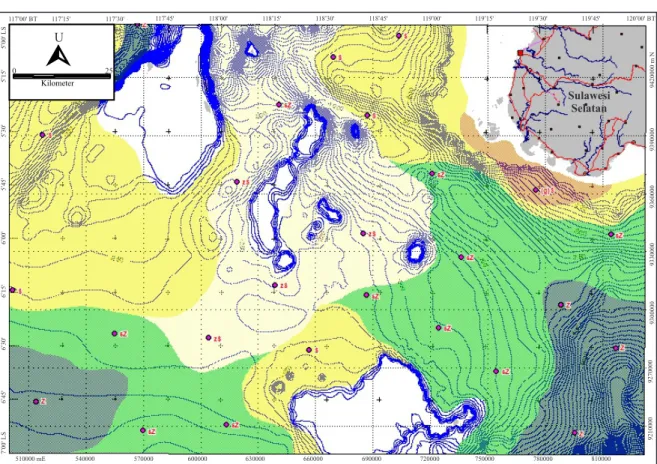 Gambar 4. Peta sebaran sedimen permukaan dasar laut perairan selatan Selat Makassar  dan  Spermonde